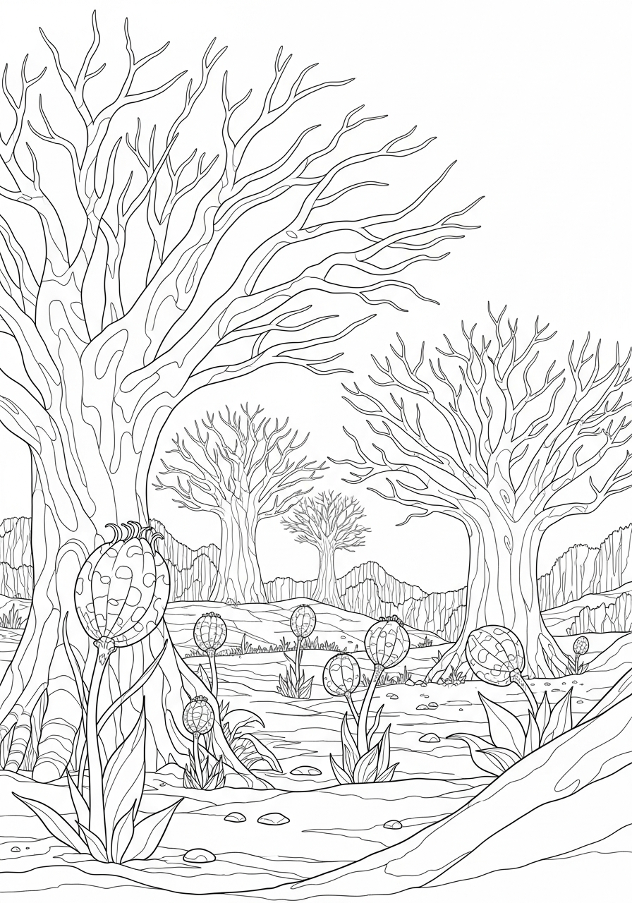 Dead ash forest landscape Avatar 3 coloring page