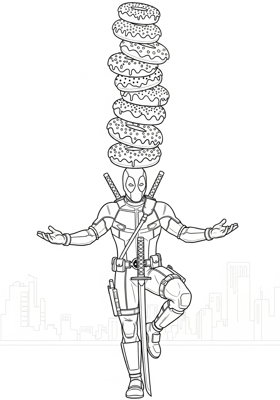 Deadpool Coloring Pages 10 Deadpool balancing donuts on sword coloring page