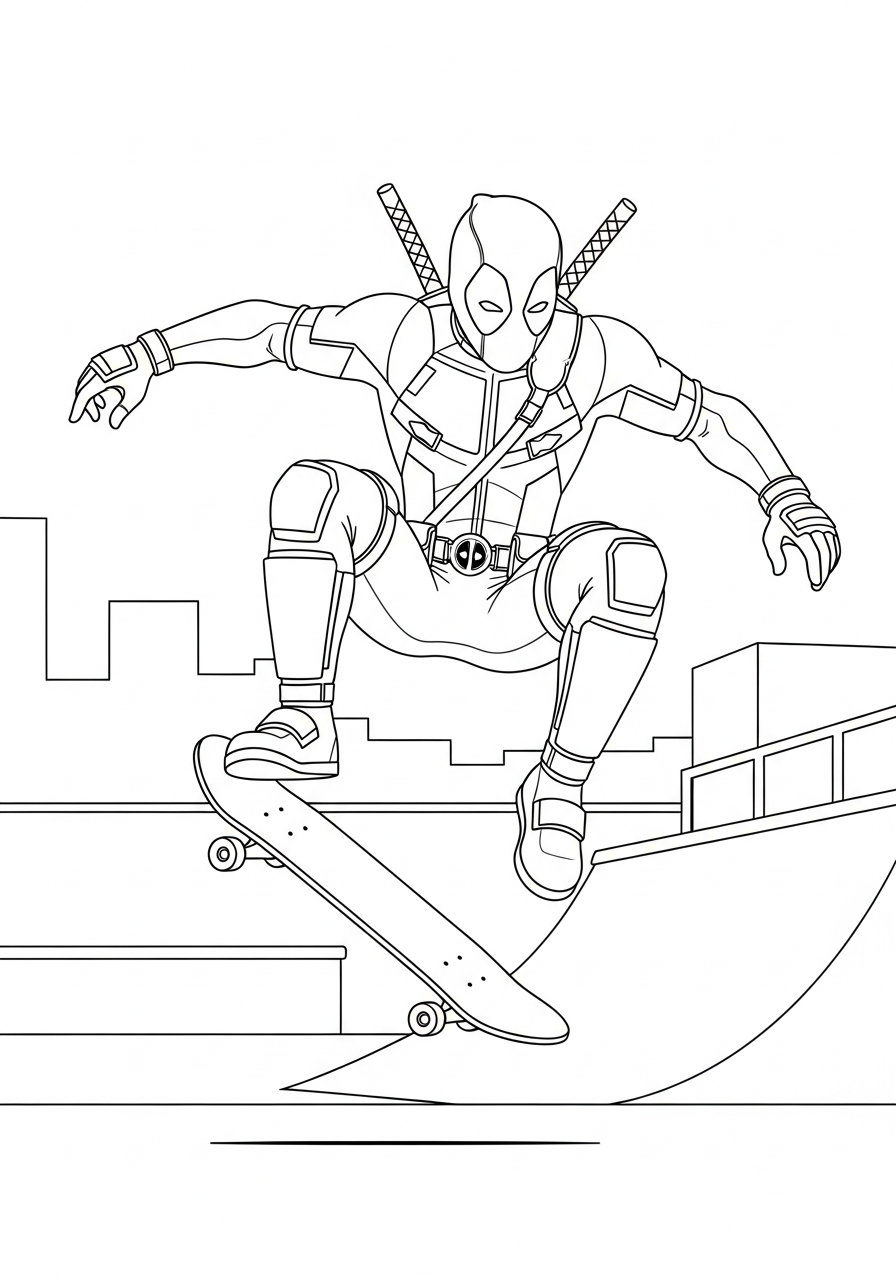 Deadpool Coloring Pages 12 Deadpool doing skateboard tricks coloring page