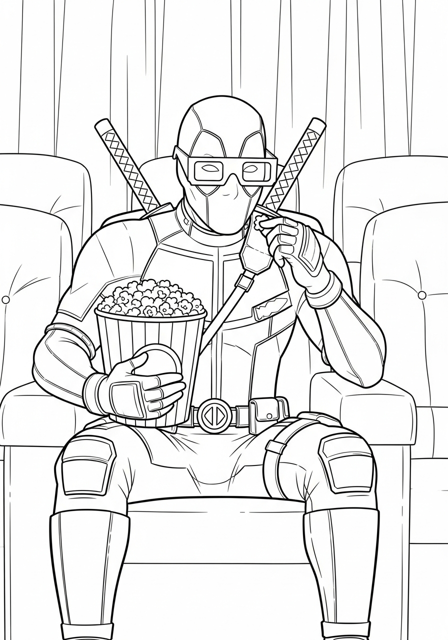 Deadpool Coloring Pages 15 Deadpool eating popcorn at movies coloring page