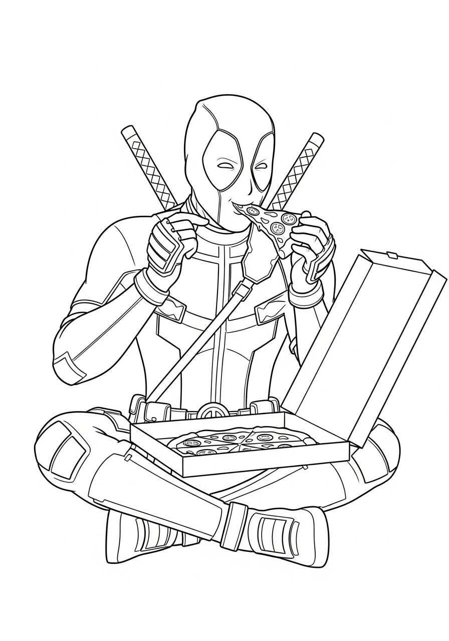 Deadpool Coloring Pages 16 Deadpool eating slice of pizza coloring page