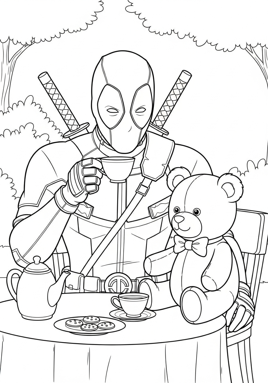 Deadpool Coloring Pages 18 Deadpool having tea party coloring page