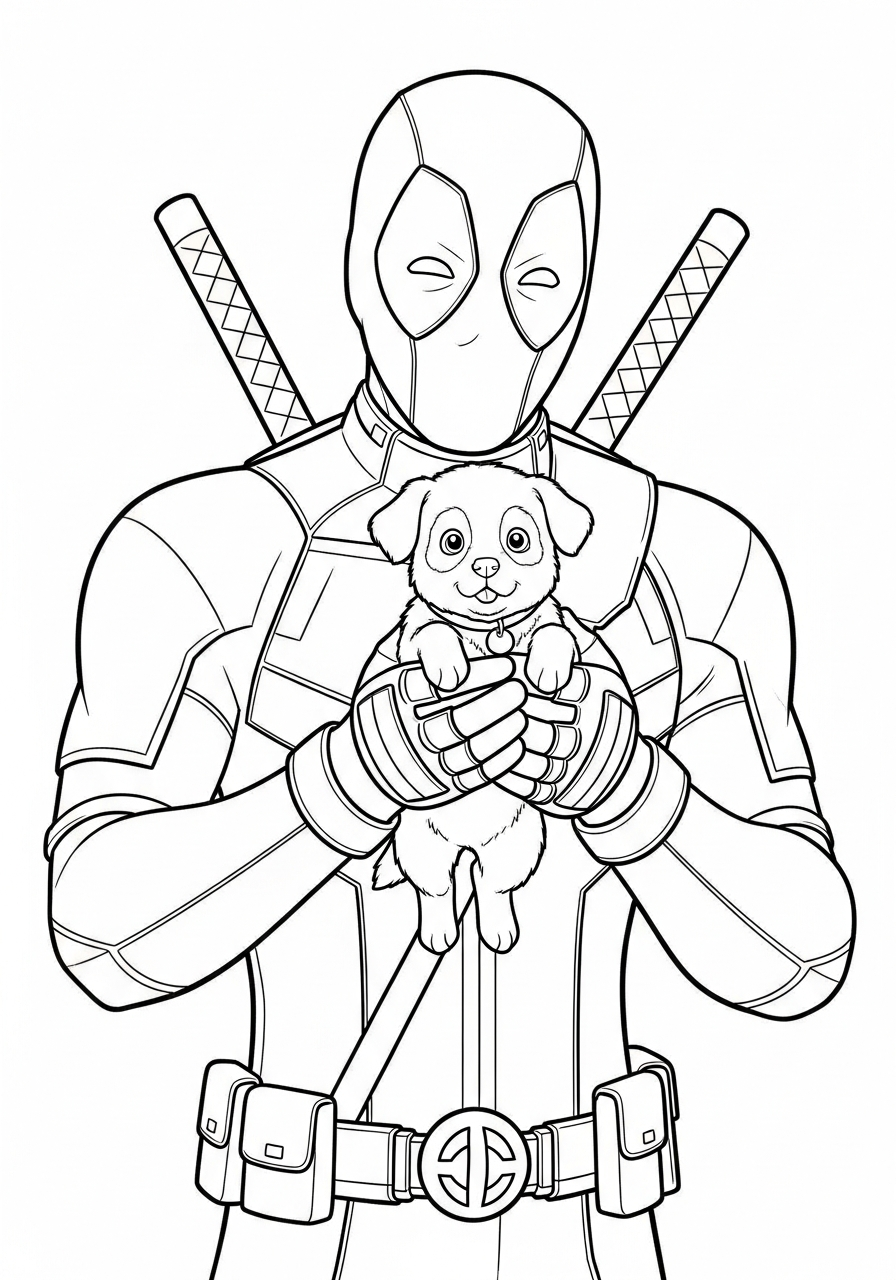 Deadpool Coloring Pages 19 Deadpool holding a cute puppy coloring page