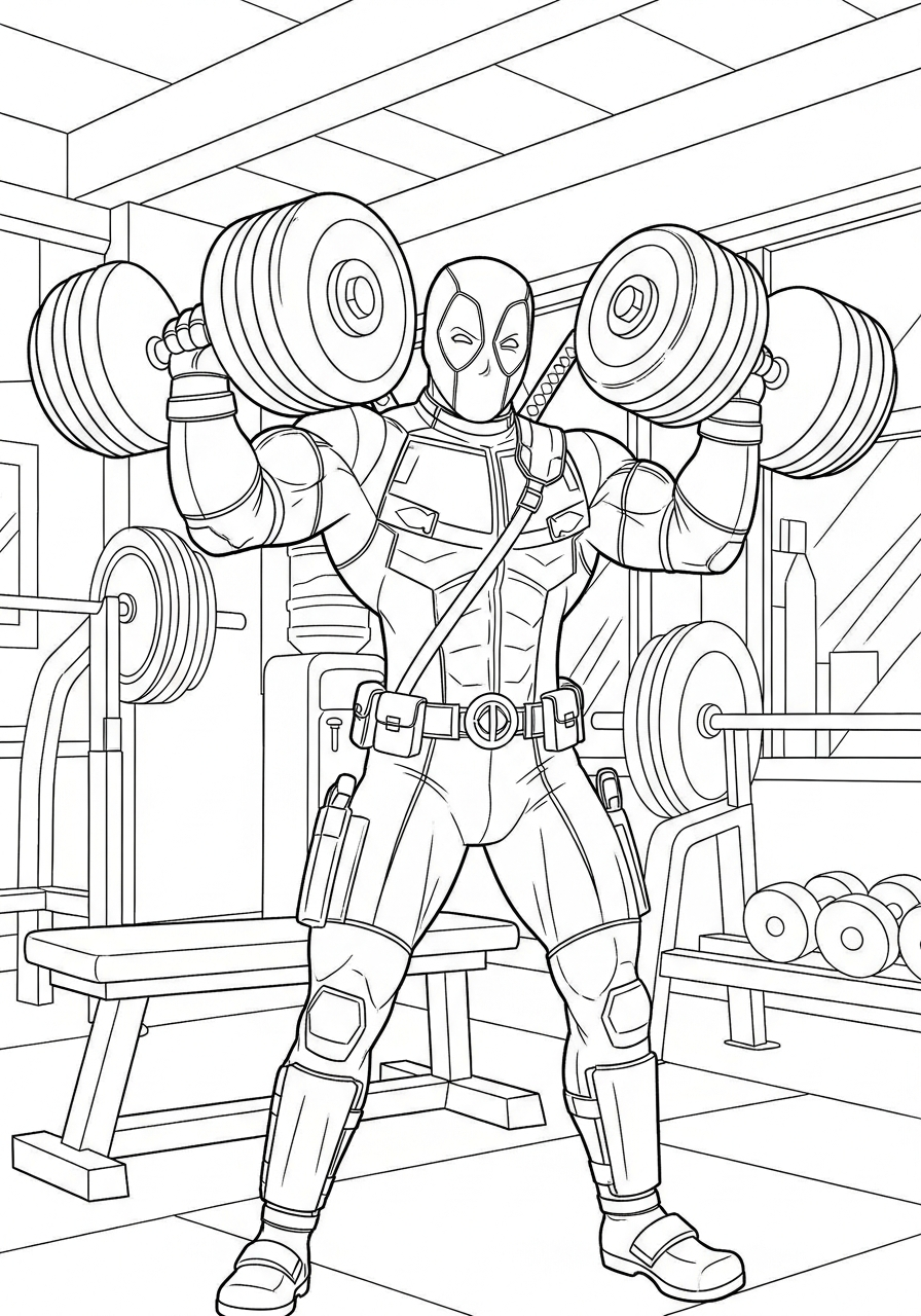 Deadpool Coloring Pages 22 Deadpool lifting heavy gym weights coloring page