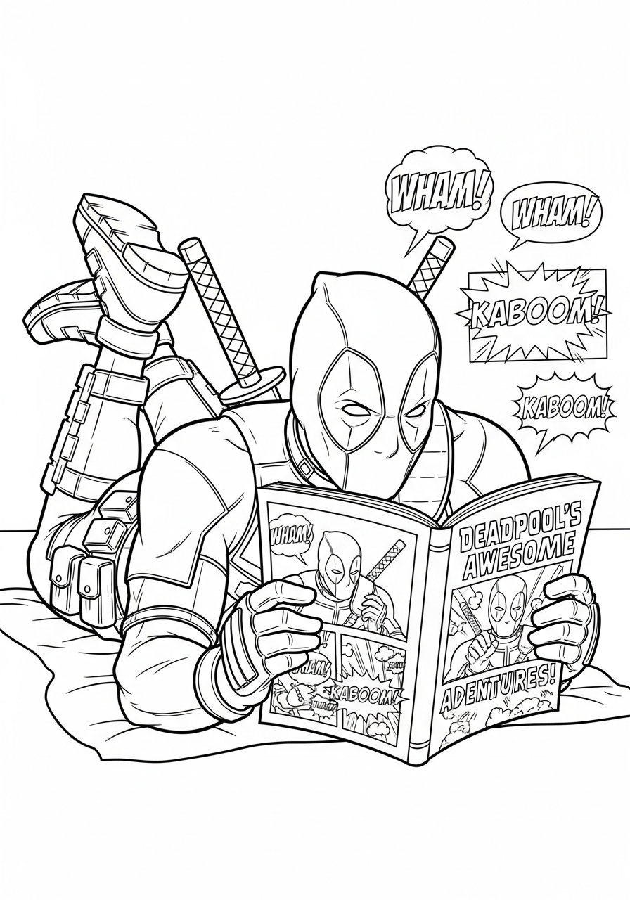 Deadpool Coloring Pages 24 Deadpool reading his comic book coloring page