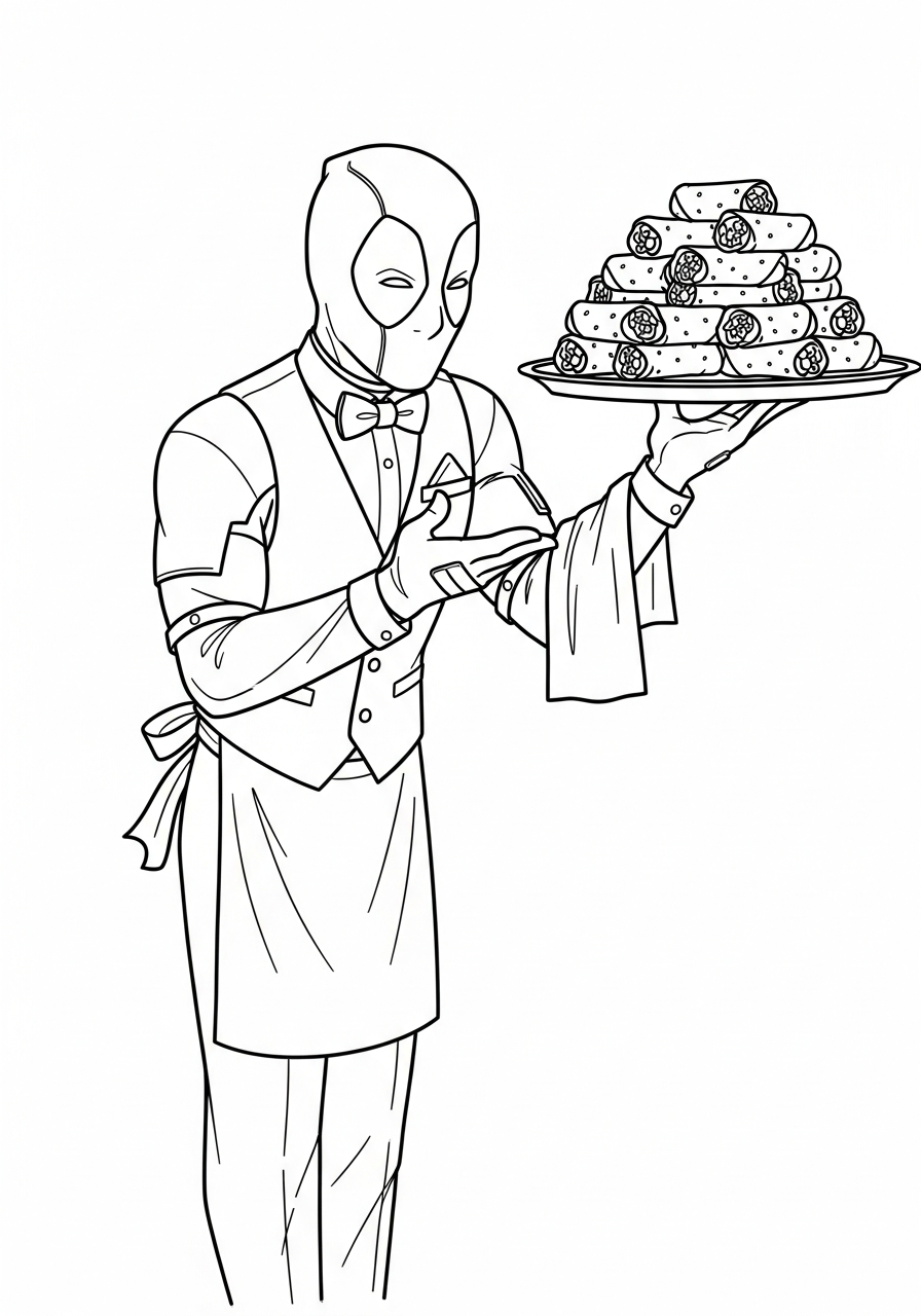 Deadpool Coloring Pages 25 Deadpool serving plate of chimichangas coloring page