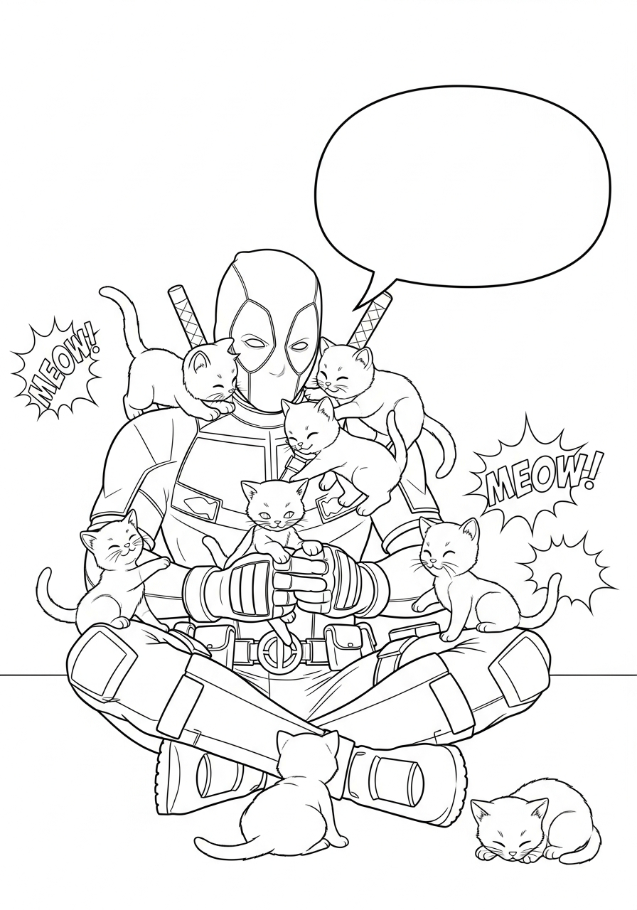 Deadpool Coloring Pages 26 Deadpool sitting with cute kittens coloring page