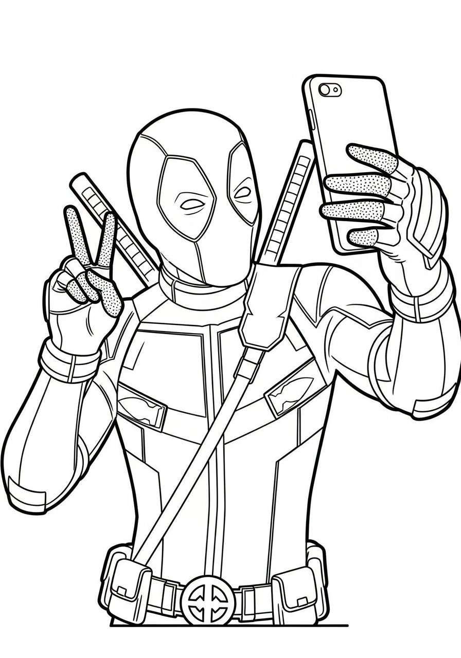 Deadpool Coloring Pages 27 Deadpool taking a phone selfie coloring page