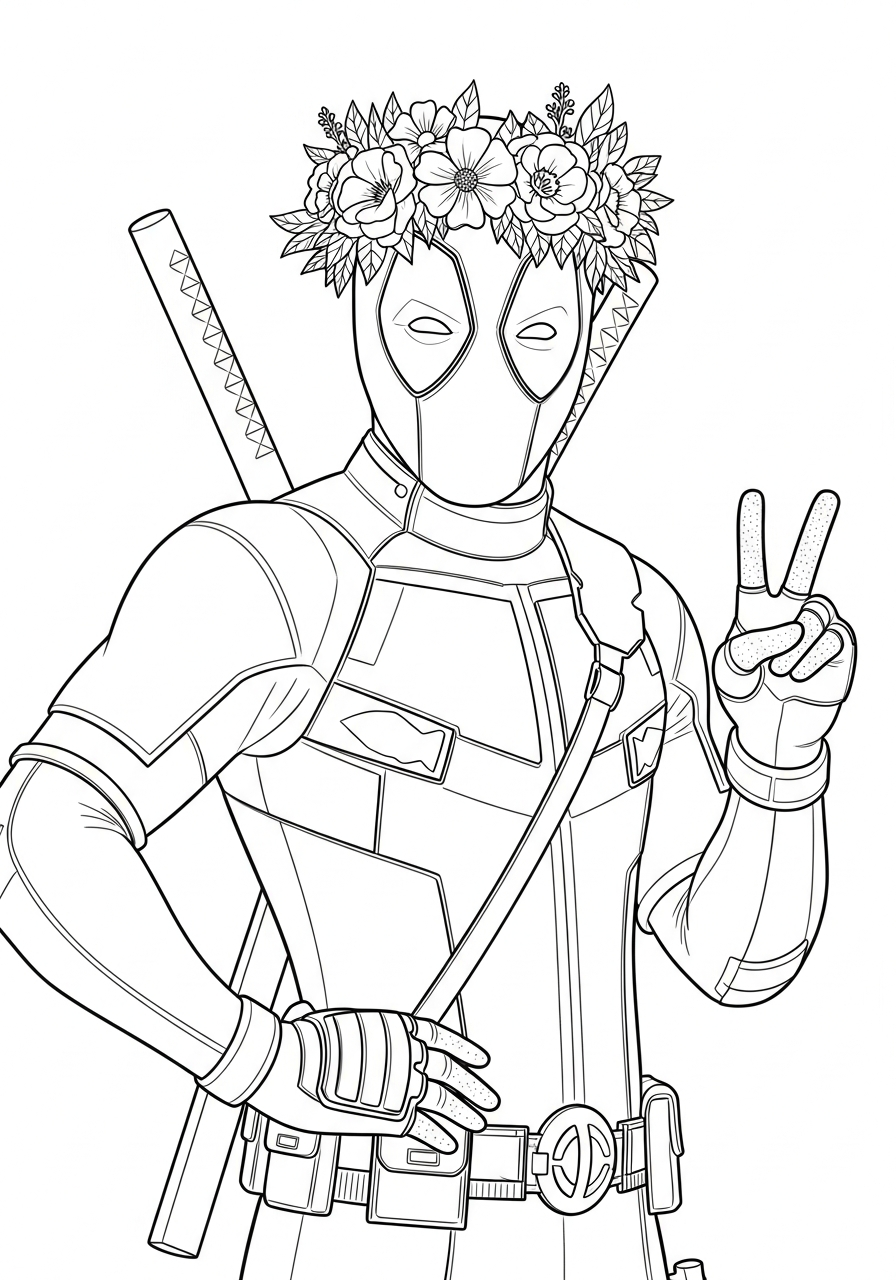 Deadpool Coloring Pages 28 Deadpool wearing pretty flower crown coloring page