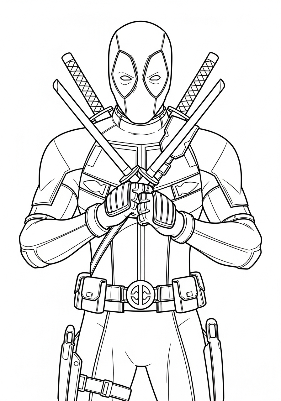 Deadpool Coloring Pages 29 Deadpool with crossed katana swords coloring page