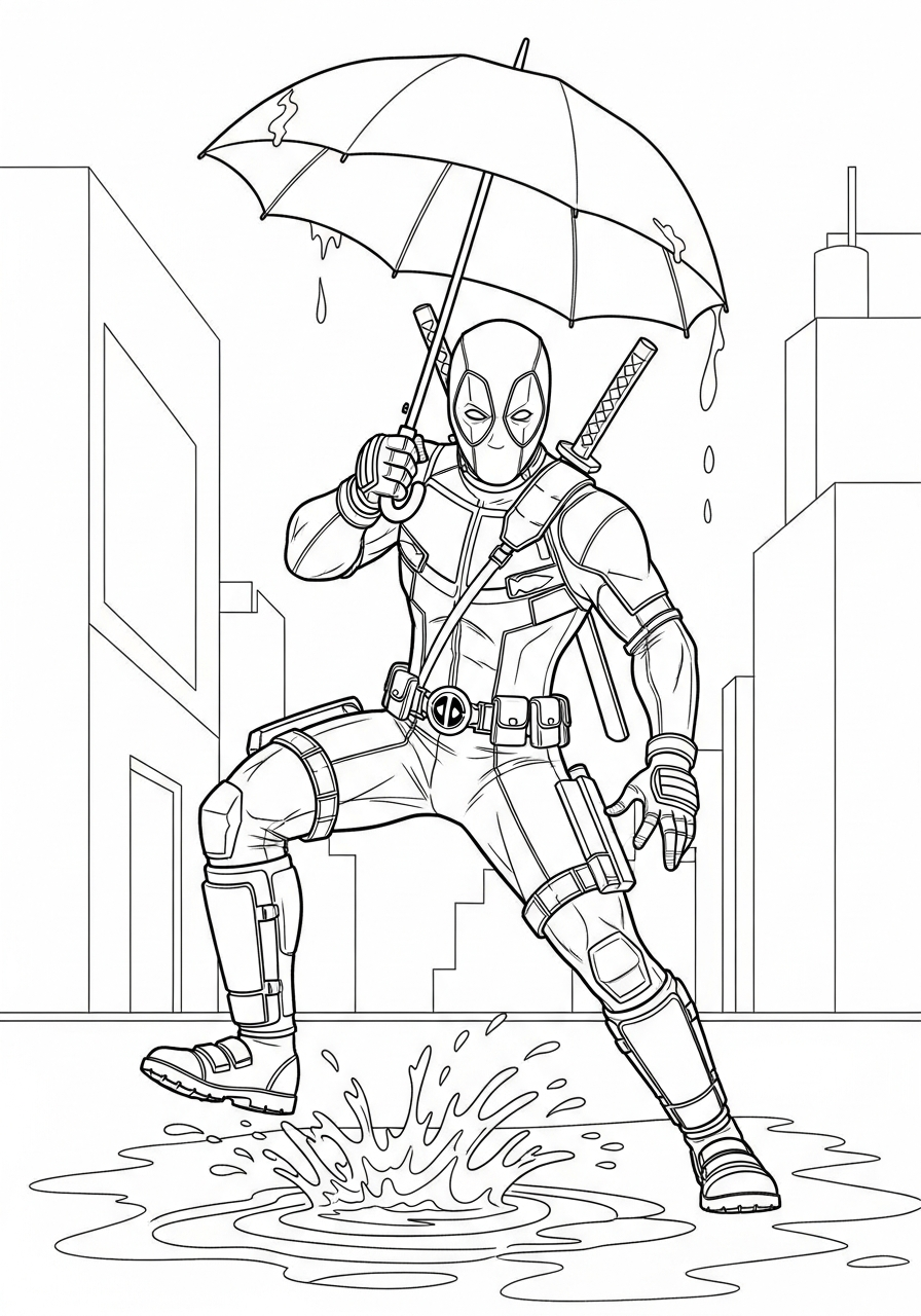 Deadpool Coloring Pages 30 Deadpool with umbrella in rain coloring page