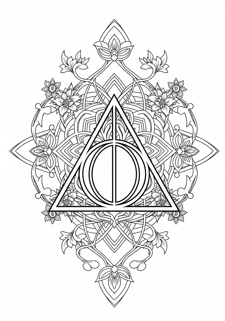 Harry Potter Coloring Pages 14 Deathly Hallows symbol with flowers coloring page