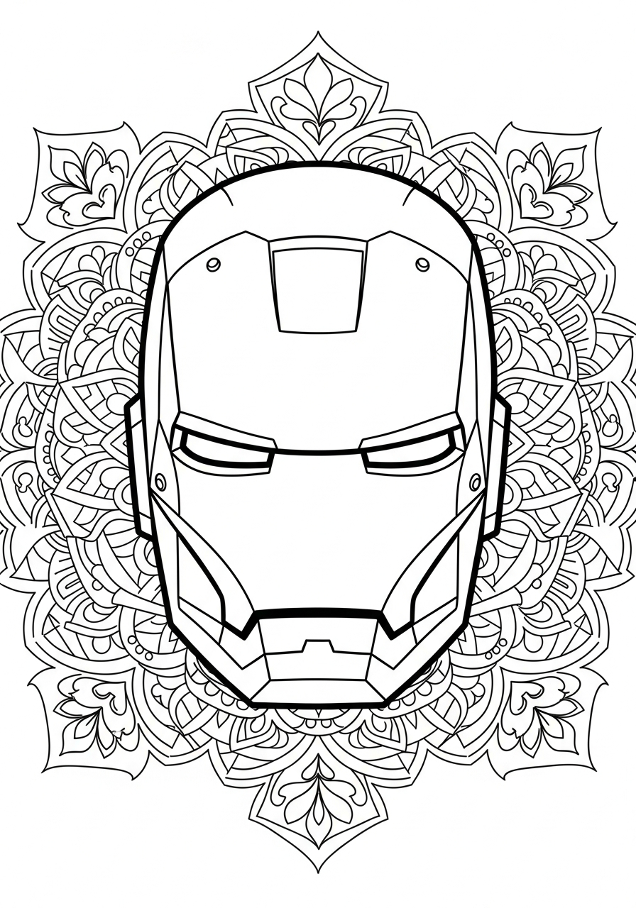 Iron Man Coloring Pages 9 Detailed Iron Man helmet mandala coloring page