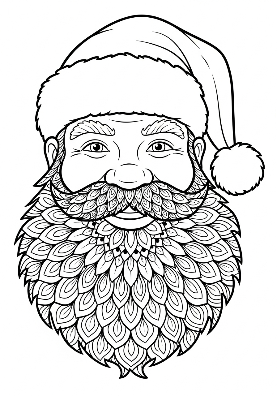 Santa Claus Coloring Pages 4 Detailed Santa beard mandala style coloring page