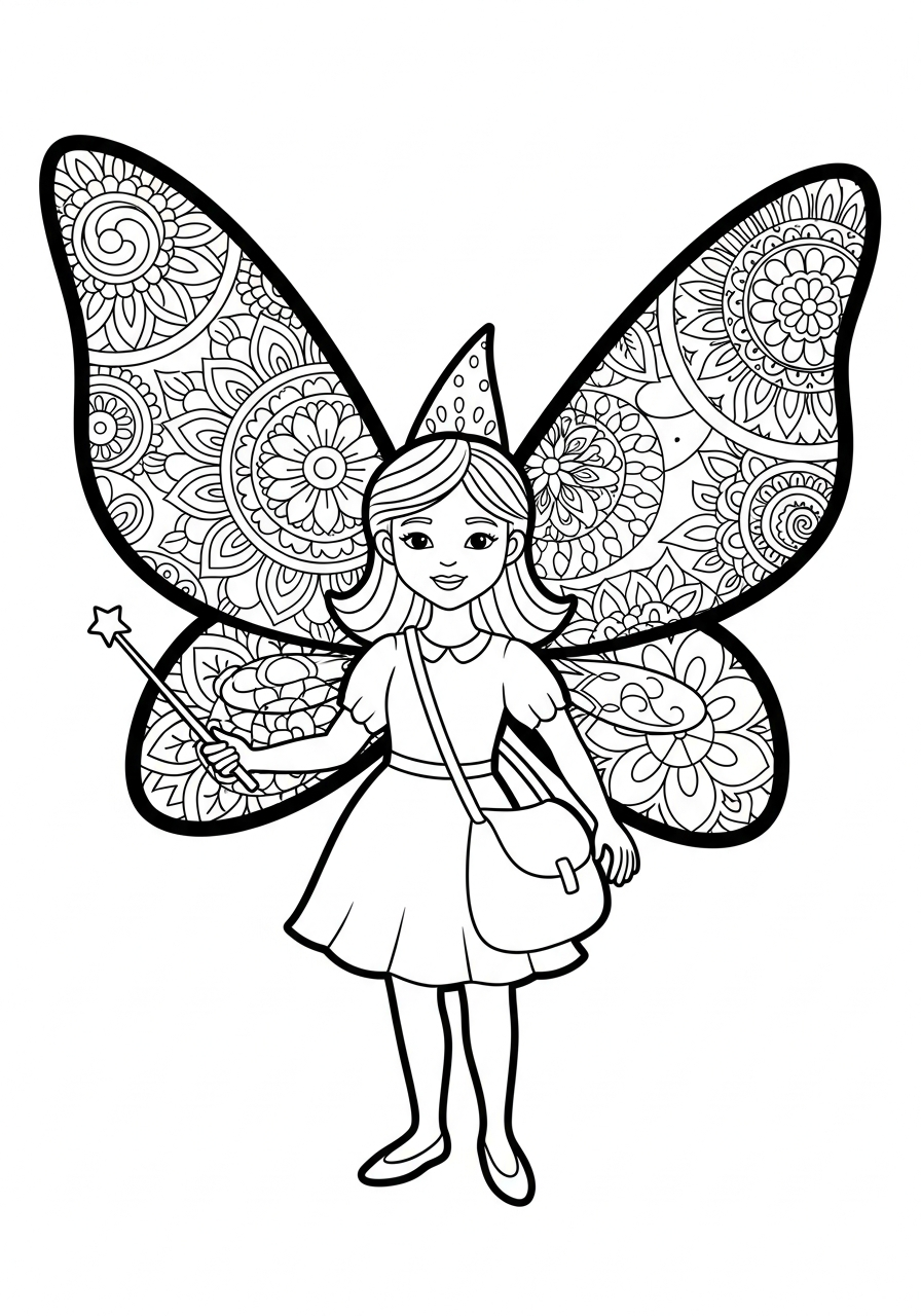 Tooth Fairy Coloring Pages 3 Detailed Tooth Fairy with mandala wings coloring page