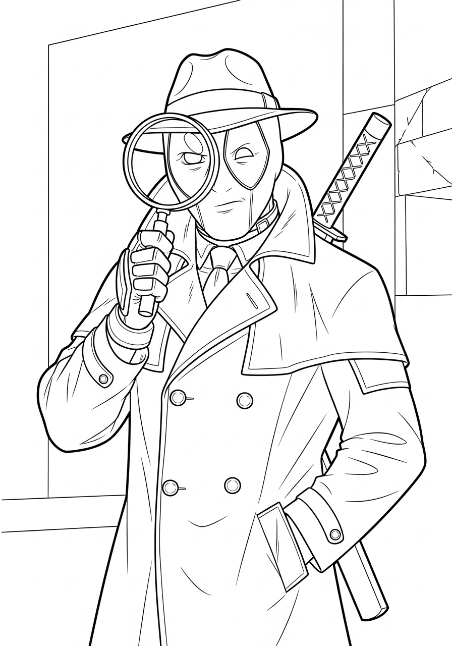 Deadpool Coloring Pages 31 Detective Deadpool with magnifying glass coloring page