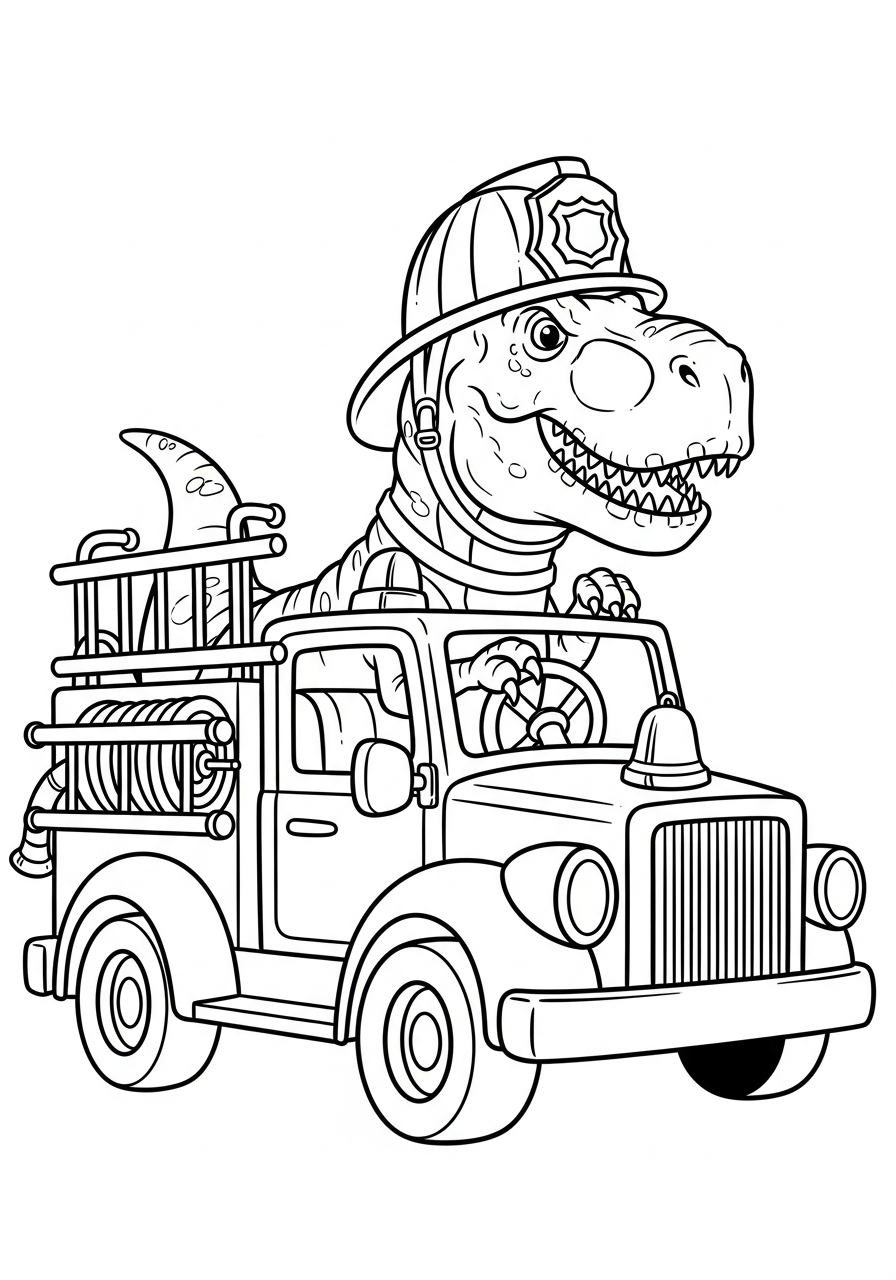 Fire Truck Coloring Pages 7 Dinosaur T-Rex driving fire truck coloring page