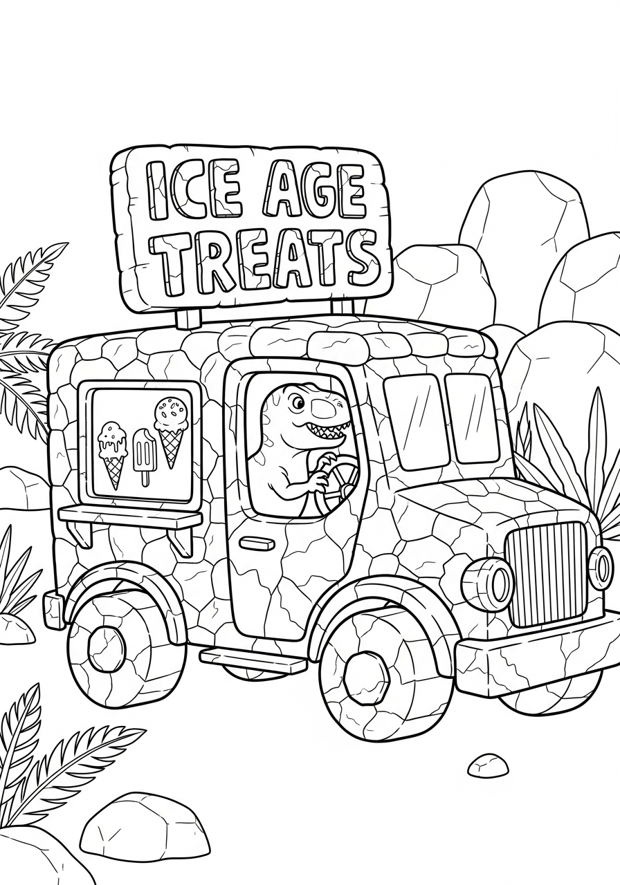 Dinosaur T-Rex driving ice cream truck coloring page