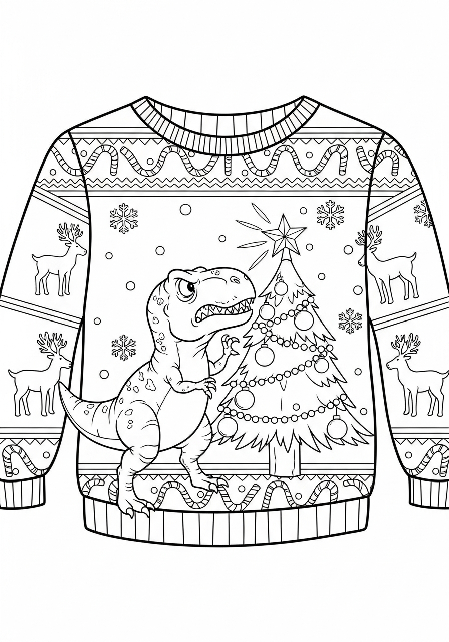 Ugly Christmas Sweater Coloring Pages 7 Dinosaur T-Rex ugly Christmas sweater coloring page