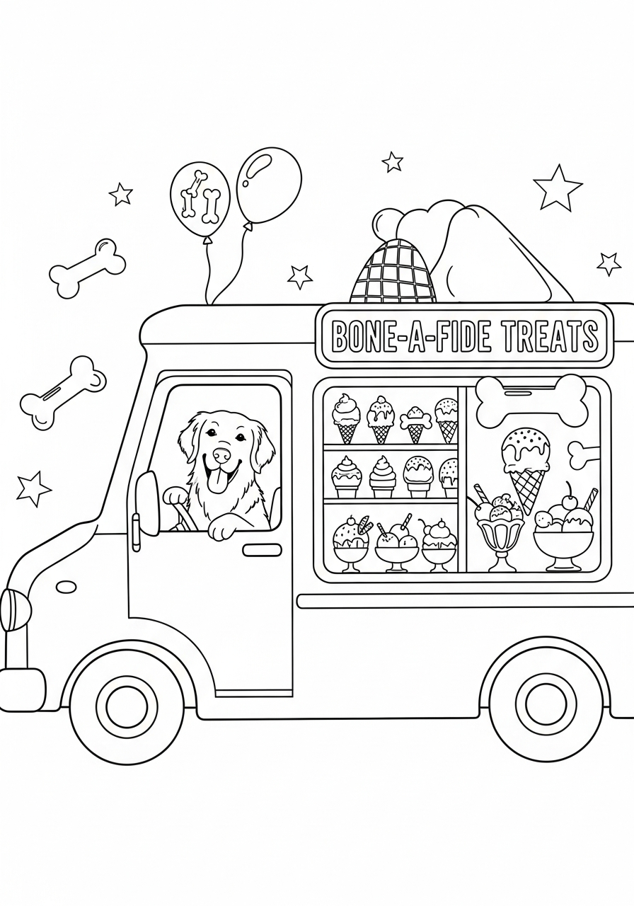 Dog driving bone ice cream truck coloring page