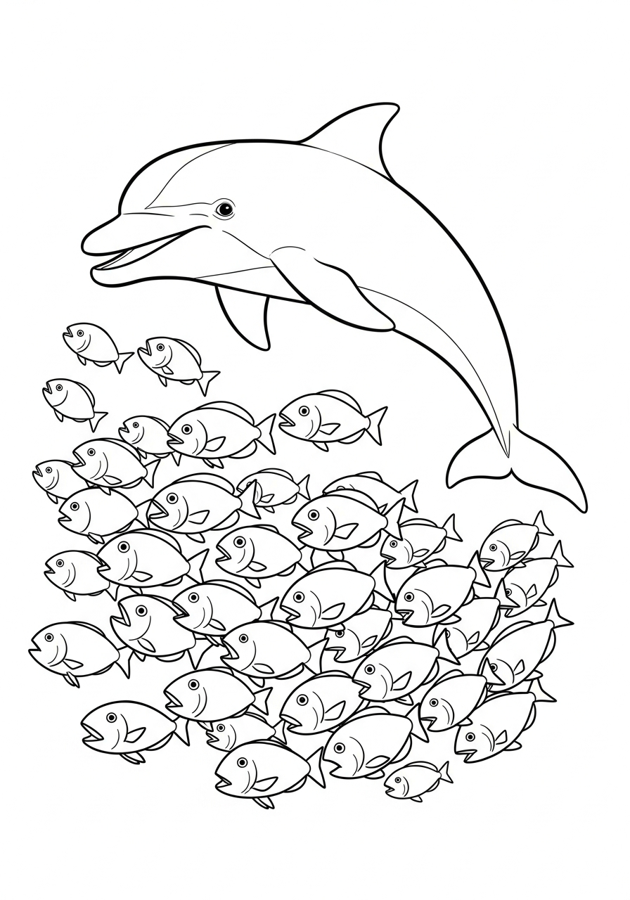 Dolphin Coloring Pages 8 Dolphin chasing school of fish coloring page