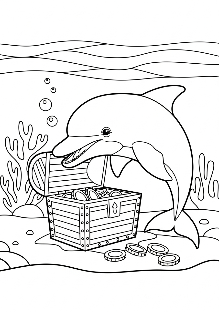 Dolphin Coloring Pages 9 Dolphin finding sunken pirate treasure coloring page