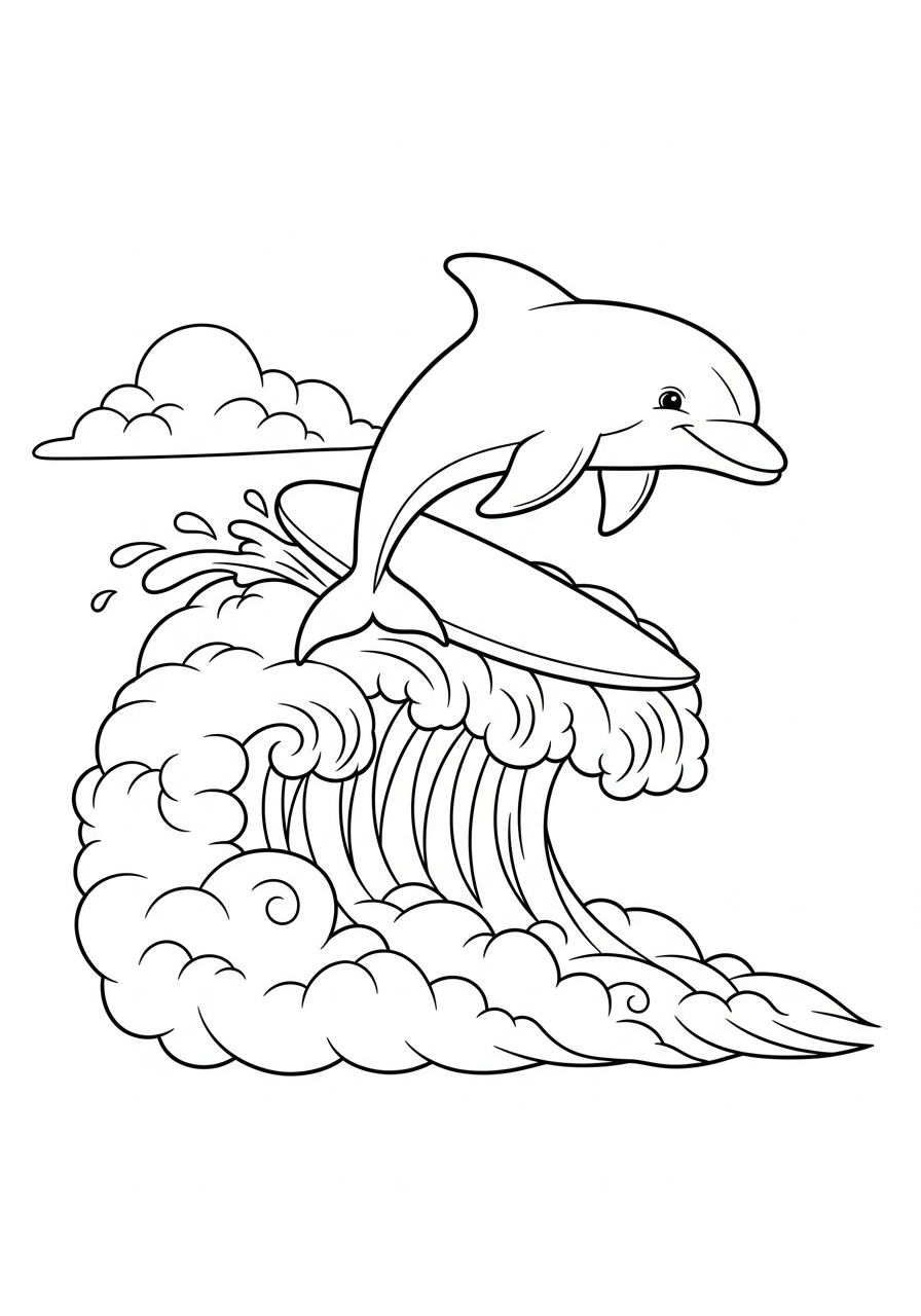 Dolphin Coloring Pages 14 Dolphin surfing on sky clouds coloring page