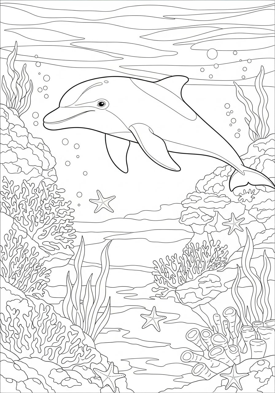 Dolphin Coloring Pages 15 Dolphin swimming near coral reef coloring page