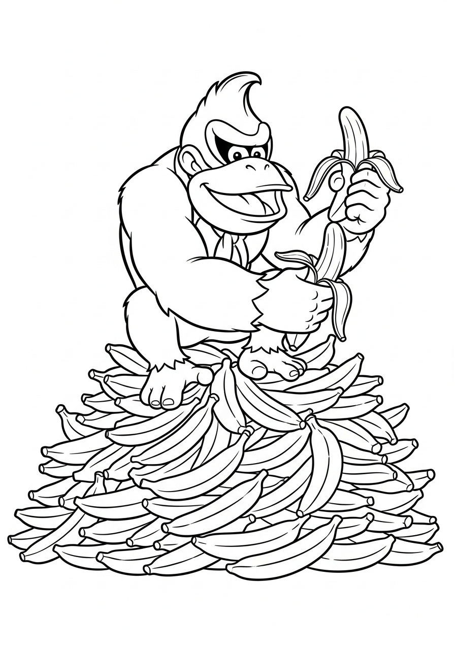 Donkey Kong Coloring Pages 8 Donkey Kong eating giant banana pile coloring page