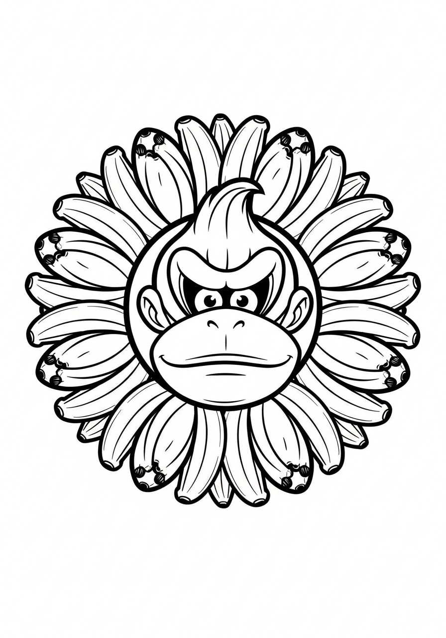 Donkey Kong Coloring Pages 9 Donkey Kong face mandala banana pattern coloring page