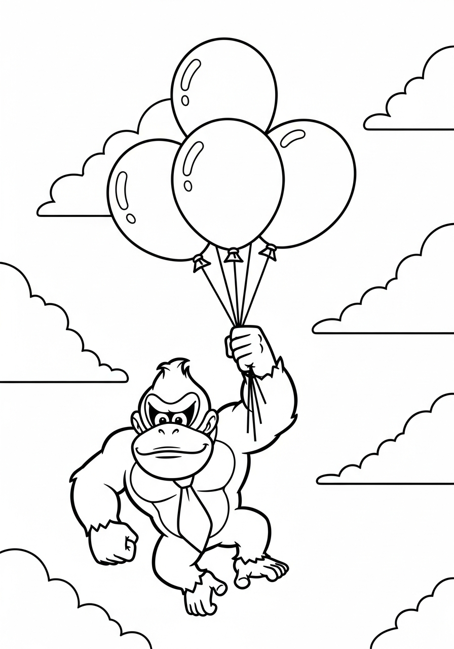 Donkey Kong Coloring Pages 12 Donkey Kong flying with three balloons coloring page