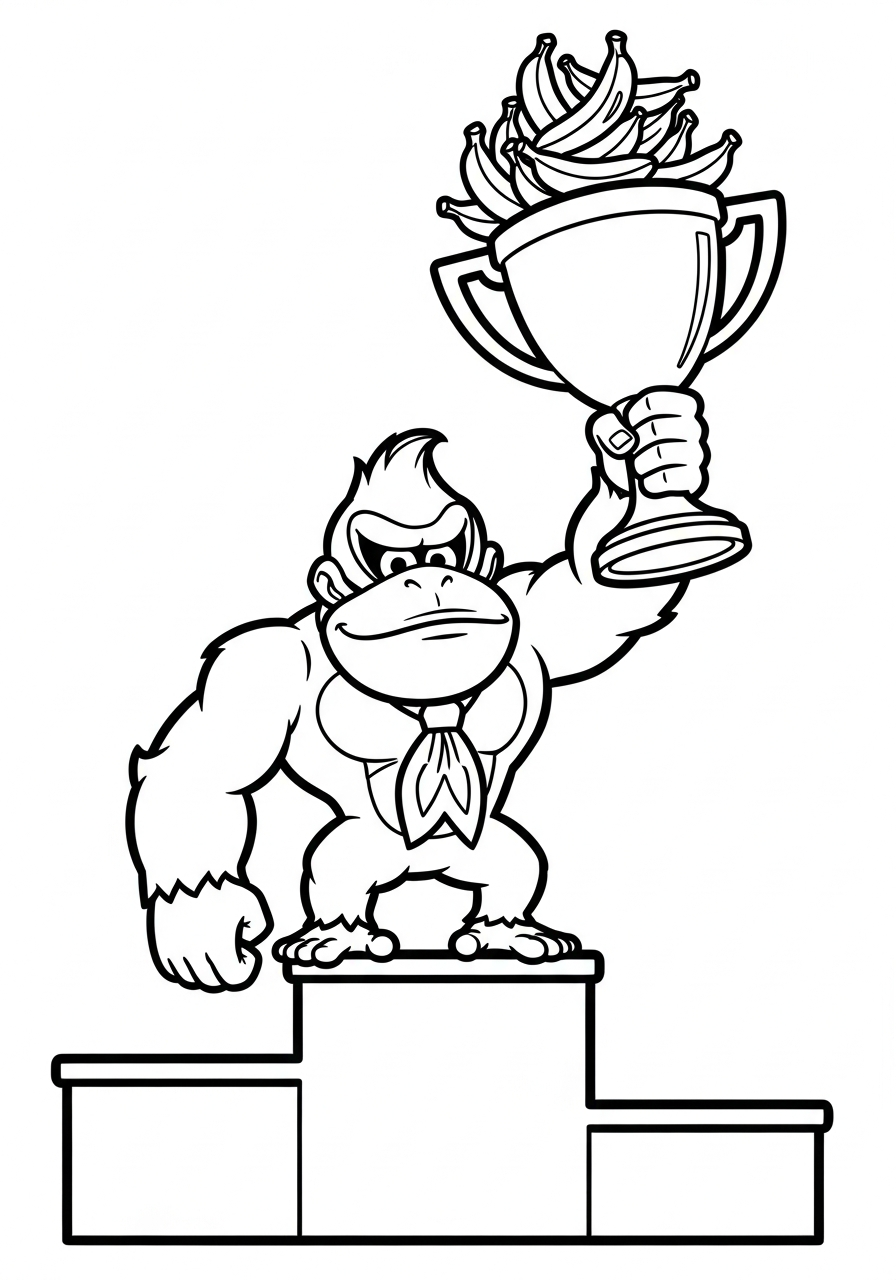 Donkey Kong Coloring Pages 15 Donkey Kong holding gold victory trophy coloring page