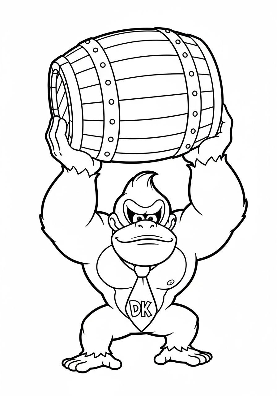 Donkey Kong Coloring Pages 16 Donkey Kong holding heavy wooden barrel coloring page