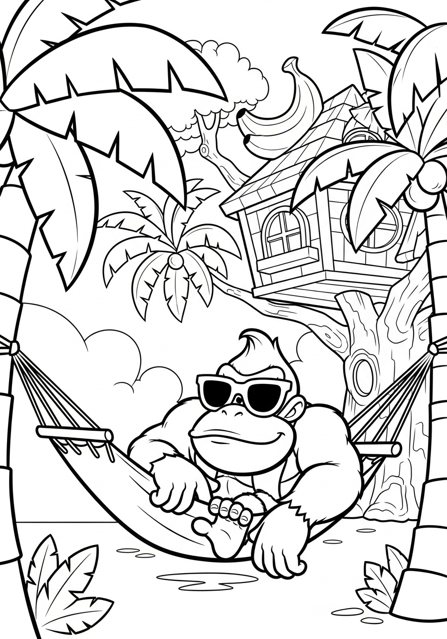 Donkey Kong Coloring Pages 19 Donkey Kong relaxing in treehouse hammock coloring page