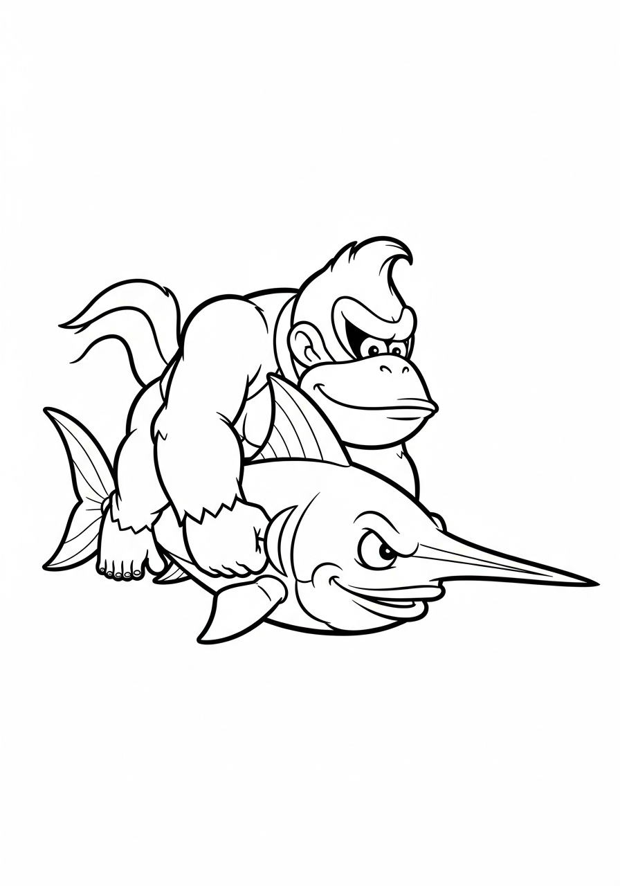 Donkey Kong Coloring Pages 20 Donkey Kong riding Enguarde the swordfish coloring page