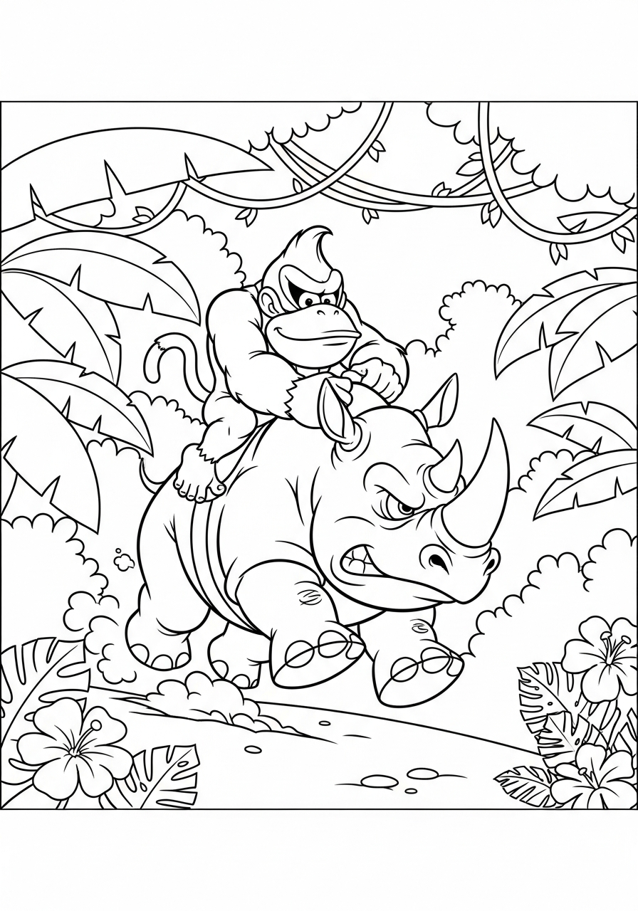 Donkey Kong Coloring Pages 22 Donkey Kong riding Rambi the Rhino coloring page