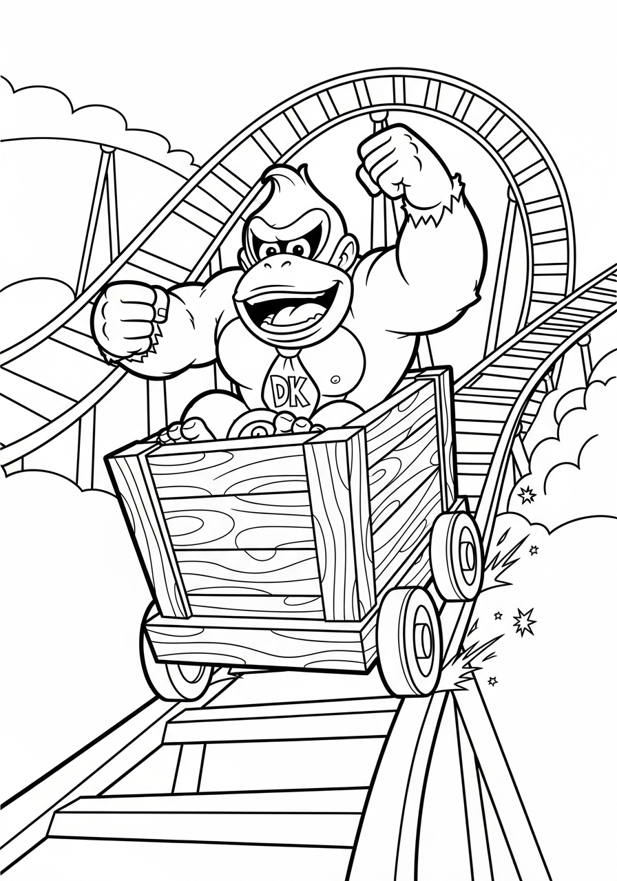 Donkey Kong Coloring Pages 21 Donkey Kong riding minecart on track coloring page