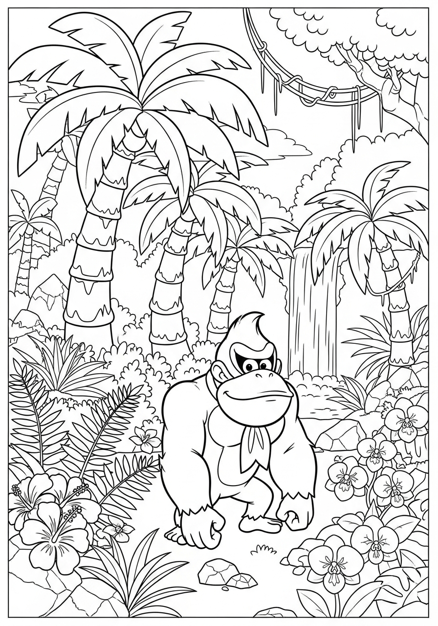 Donkey Kong Coloring Pages 24 Donkey Kong standing in deep jungle coloring page