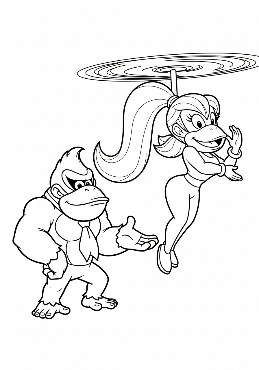 Donkey Kong Coloring Pages 25 Donkey Kong standing with Dixie Kong coloring page