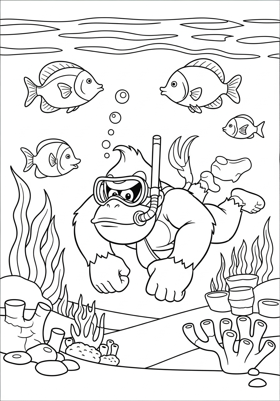 Donkey Kong Coloring Pages 26 Donkey Kong swimming underwater with snorkel coloring page
