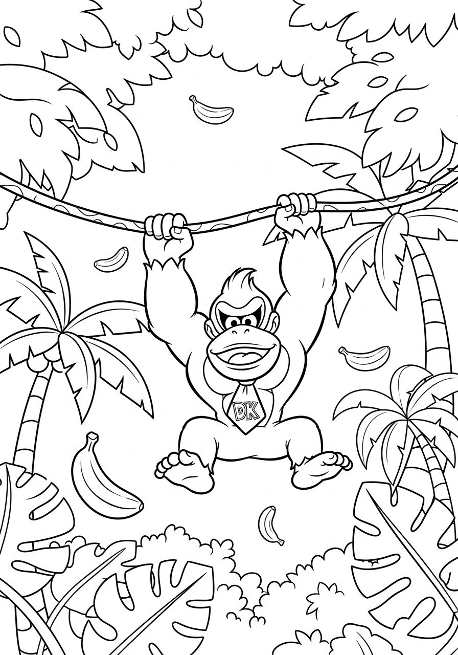 Donkey Kong Coloring Pages 27 Donkey Kong swinging on jungle vines coloring page