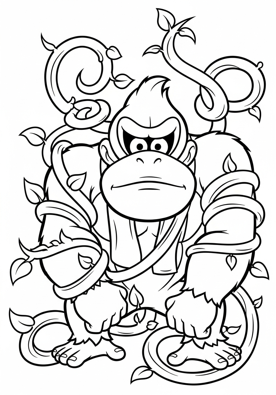 Donkey Kong Coloring Pages 28 Donkey Kong tangled in green vines coloring page