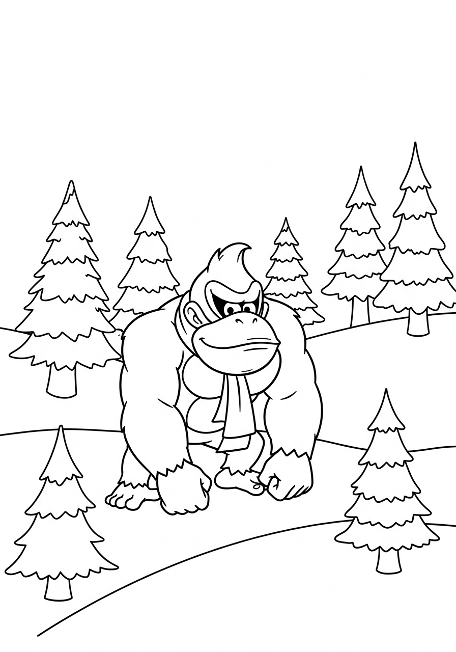 Donkey Kong Coloring Pages 29 Donkey Kong wearing scarf in snow coloring page