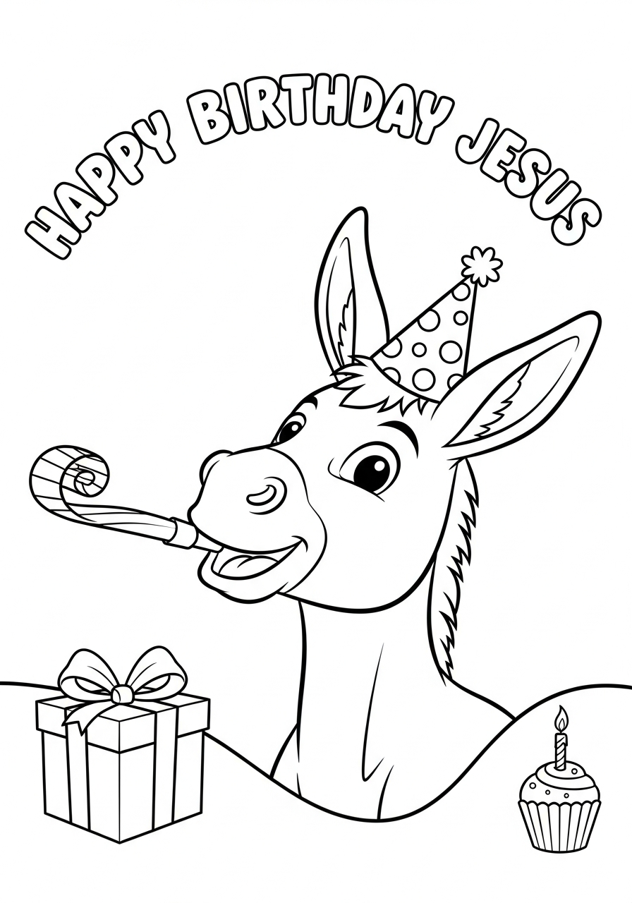 Donkey blowing party noise maker coloring page