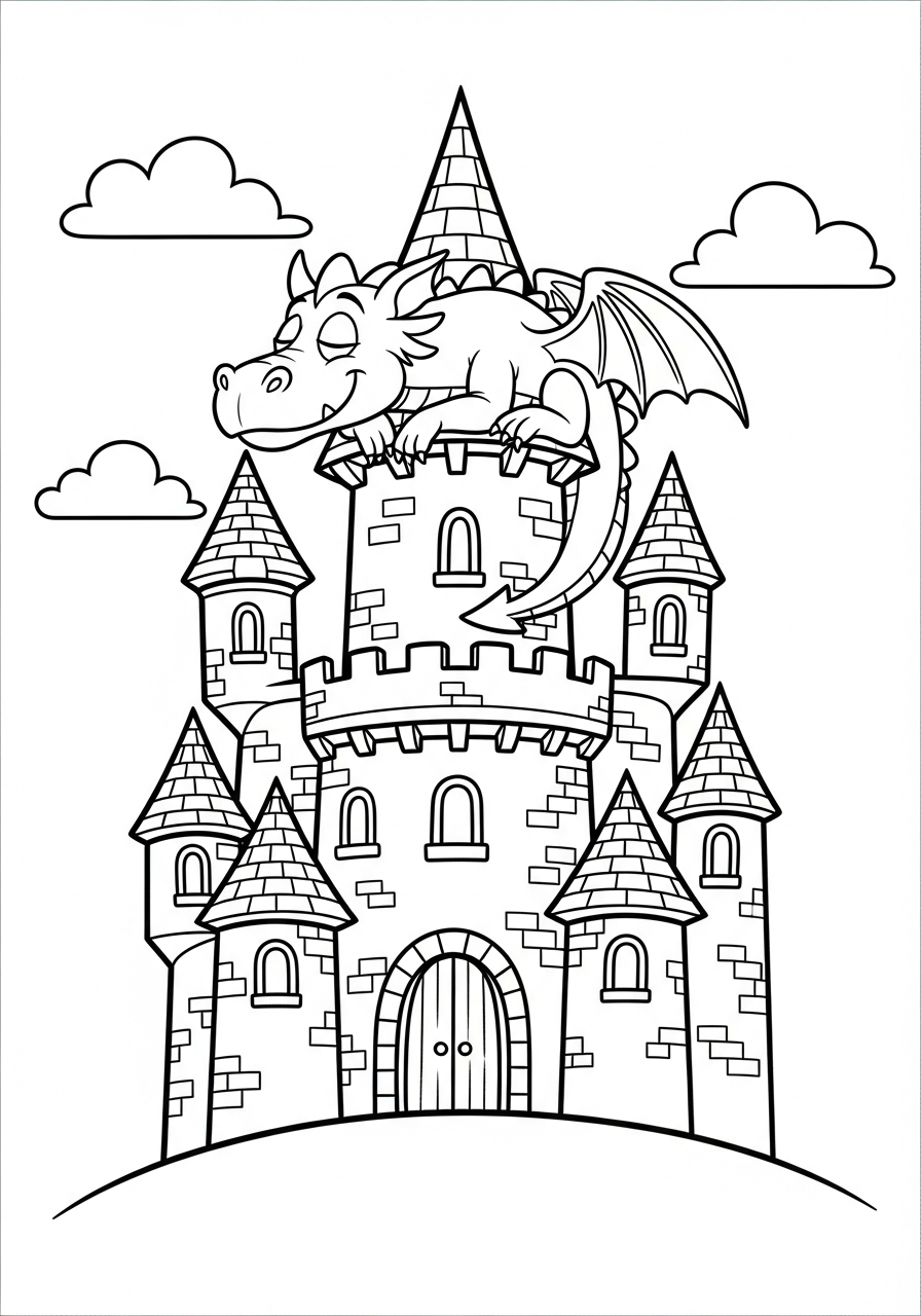 Castle Coloring Pages 5 Dragon resting on castle tower coloring page