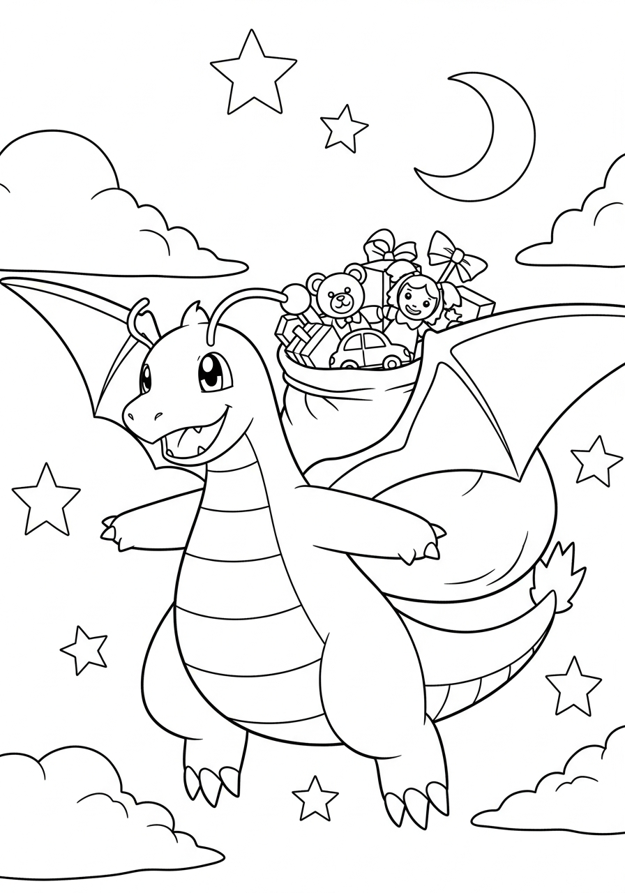 Pokemon Christmas Coloring Pages 7 Dragonite flying with gifts coloring page