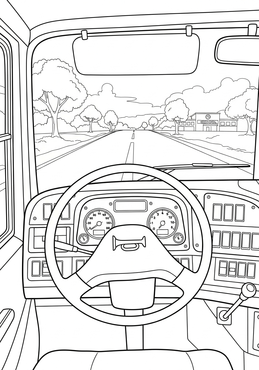 School Bus Coloring Pages 10 Driver view inside School Bus coloring page