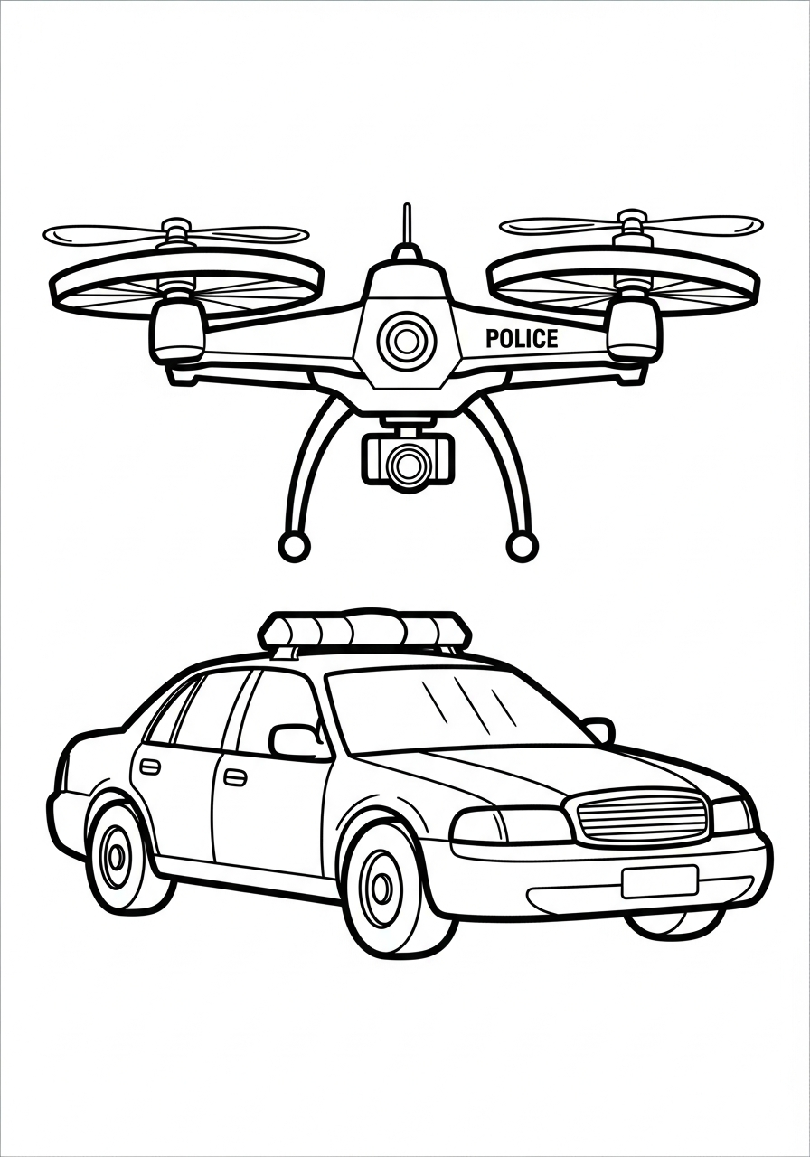 Police Car Coloring Pages 12 Drone flying over police car coloring page