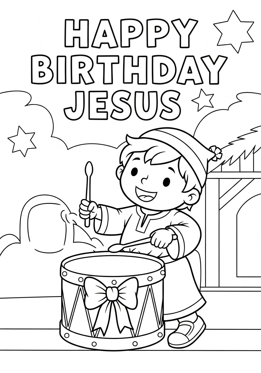 Drummer boy with birthday drum coloring page