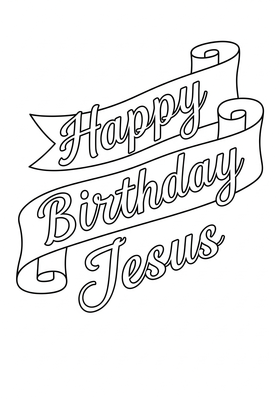 Elegant ribbon Happy Birthday script coloring page